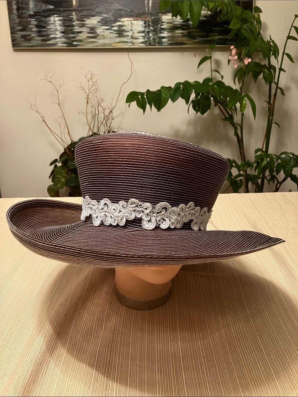 Elegant Brown Wide-Brim Hat with Decorative Trim